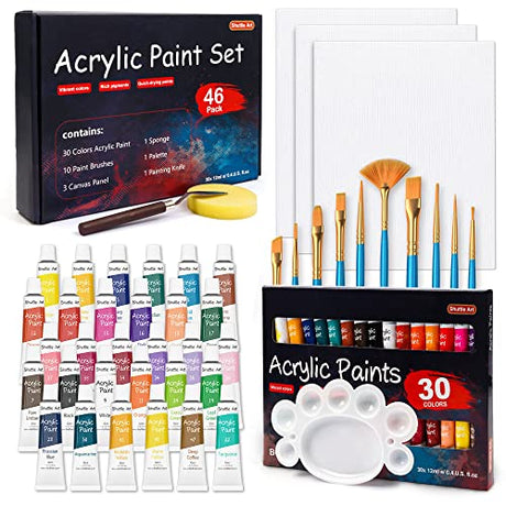 Shuttle Art 46 Pack Acrylic Paint Set, 30 Colors Acrylic Paint with 10 Paint Brushes 3 Painting Canvas 1 Paint Knife Palette Sponge, Complete Gift Shuttle Art