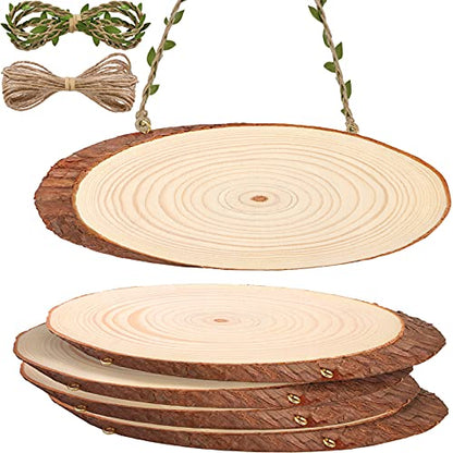 MIKIMIQI Large Natural Wood Slices 4 Pcs 10-12 Inch Unfinished Oval Shaped Wooden Slices Craft Rustic Wood Circle with Rope for Street Sign Billboard