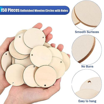 150 Pcs Unfinished Wooden Circles with Holes 2 Inch Wood Rounds Tags Blank Natural Round Wood Discs for Crafts Wooden Circle Cutouts Ornaments for