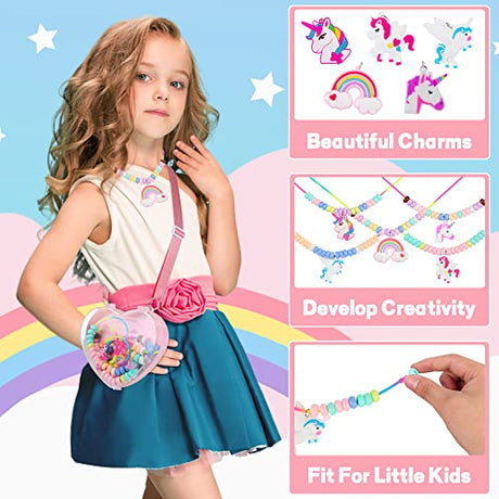FLYINGSEEDS Unicorn Jewelry Making Kit, 5 Rubber Necklaces and Charms with 100 Big Holes Beads Toy Set, Beading Arts and Crafts, Ideal Gifts for FLYINGSEEDS