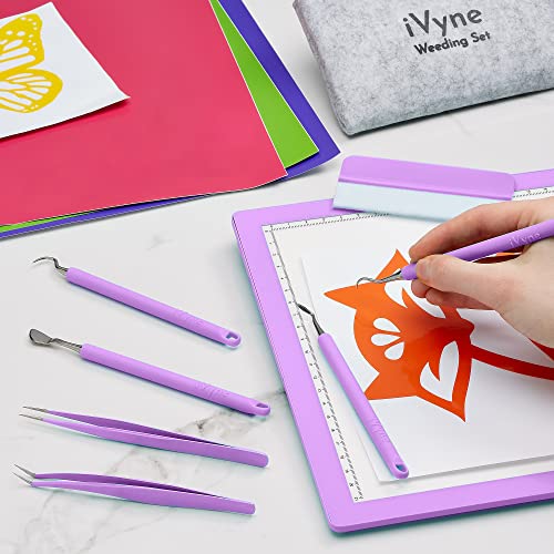 iVyne (8pcs) Premium Vinyl Weeding Tool Kit & Weeding Scrap Collector Soft Grip Tools with Berry, Weeder, Tweezers, Picker Or Hook, and Scraper Set iVyne