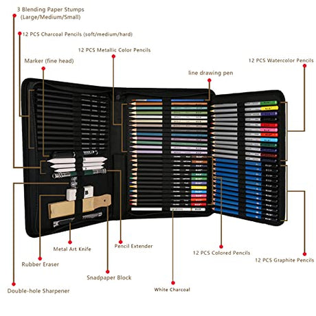 H & B 72PCS Drawing Supplies Sketching Set,Art Kit include Drawing & Colored Pencils for Adults Artists Kids.Pro Art Sketch Supplies with H & B