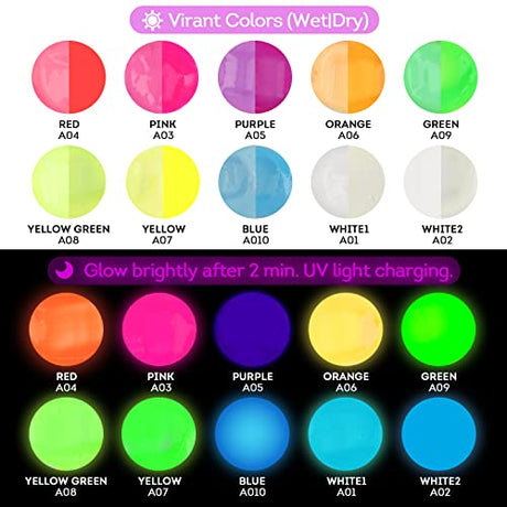 ABEIER Glow in the Dark Acrylic Paint, 10 Bright Colors (60ml/2oz) blacklight Paint, Neon Craft Paint, Long Lasting Glow Fluorescent Paint Ideal for ABEIER