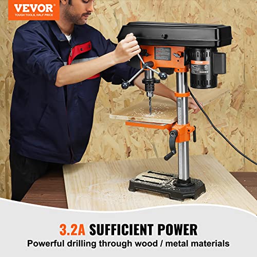 VEVOR 10 in Benchtop Drill Press, 3.2 Amp 120V, 5-Speed Cast Iron Bench Drill Press, 10 in Swing Distance 0-45° Tiltling Worktable with Work Light, - WoodArtSupply