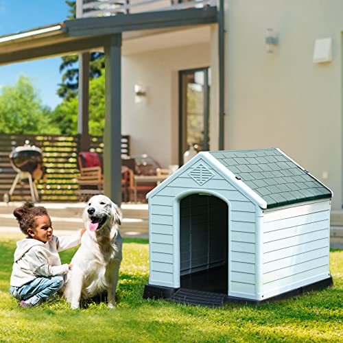 DWVO Large Outdoor Dog House, Plastic Doghouse with Air Vents and Ground Nails, Insulated Water Resistant Puppy Shelter for Small Medium Dogs - WoodArtSupply