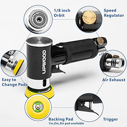 2'' 3'' Mini Orbital Air Sander by UPWOOD, Small Pneumatic Random Orbital Sander Kit with Hook And Loop Sanding Pads 30pcs Sandpapers and 21pcs - WoodArtSupply