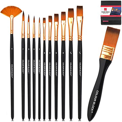 COLOUR BLOCK 12PC Acrylic Paint Brushes Set with Leather Case, Mixed Media Brush Set, Watercolor, Fabric Paint, Rock Painting Art Supplies in Easy