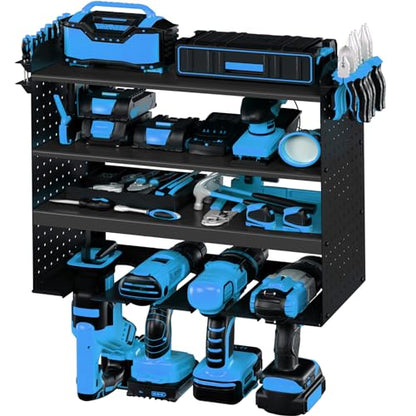 WASAIT Power Tool Organizer with Drill Holders Black Power Tool Storage Rack Wall Mount 4-Tiers Adjustable Height with Wire Holes Pegboard Side
