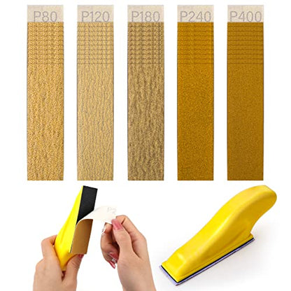50 Pcs Sand Paper+Mini Sander Tool,80 to 400 Grit Sandpaper Sheets 3.5 x 1.1 Inch Handy Wet Dry Sandpaper,Finger Sander for Crafts Wood Furniture