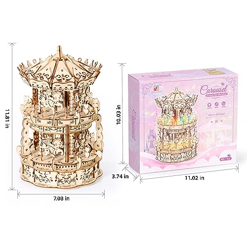 MIEBELY 3D Wooden Puzzles for Adults LED Carousel Music Box - DIY Crafts Model Building Kits for Teens Mechanical Model Stem Project Christmas Toy MIEBELY