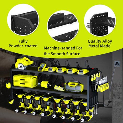 KAFAHOM Power Tool Organizer with Charging Station, Built in 8 Outlet Power Strip,Large 8 Drill Holder Wall Mount, Heavy Duty Metal Power Tool - WoodArtSupply