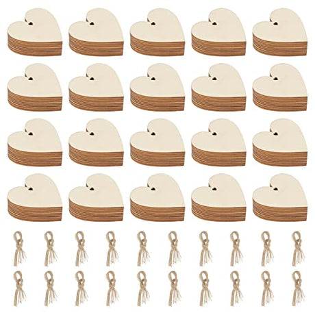 LEXININ 200 PCS 2.7 Inch/ 7cm Wooden Hearts Slices with Hole, Wooden Heart Tags with Hemp Rope, Wood Hearts Pieces for Crafts DIY Gift Decoration LEXININ
