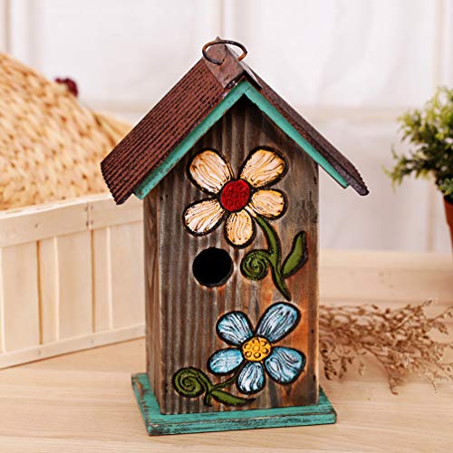 Topadorn Bird House Wooden Carved Floral Birdhouse with Hoop Hanging Birdhouse for Garden Yard Porch Decoration,11 Inch Topadorn