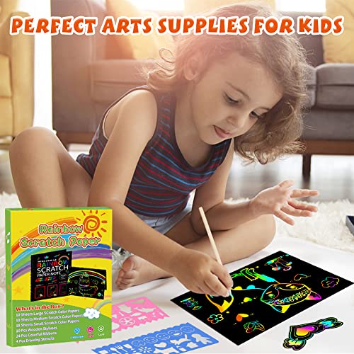  ZMLM Scratch Paper Art Set, 60 Pcs Rainbow Magic Scratch Paper  for Kids Black Scratch Off Art Crafts Kits Notes with 5 Wooden Stylus for  Girls Boys Toy Halloween Party Game
