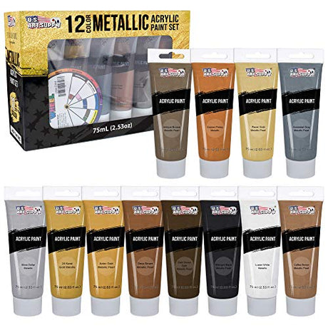 U.S. Art Supply Professional 12 Color Set of Metallic Acrylic Paint, Large 75ml Tubes - Rich Vivid Pearl Colors for Artists, Students, Beginners - U.S. Art Supply