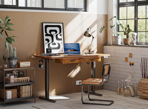 FEZIBO Adjustable Height Electric Standing Desk with Double Drawer, 55x 24 Inches Stand Up Home Office Desk with Splice Tabletop, Black Frame/Fir FEZIBO