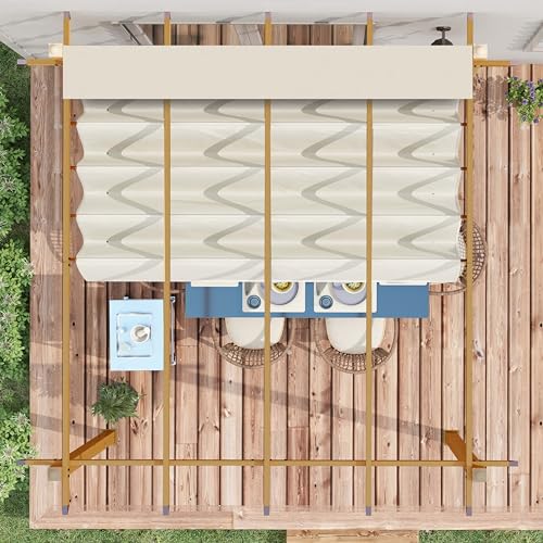 Outsunny 10' x 12' Retractable Pergola Canopy, Wood Grain Aluminum Pergola, Outdoor Sun Shade Shelter for Grill, Garden, Patio, Backyard, Deck, Cream Outsunny
