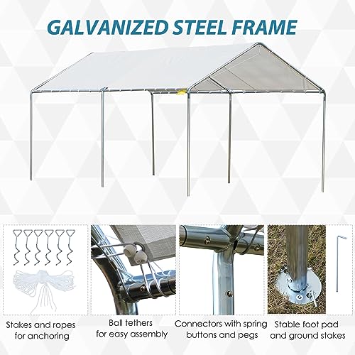 Outsunny 10'x20' Carport Heavy Duty Galvanized Car Canopy with Included Anchor Kit, 3 Reinforced Steel Cables, White Outsunny