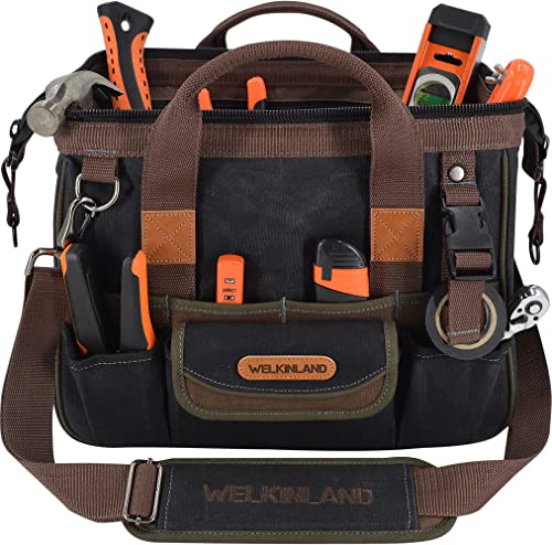 30-Pockets Canvas tool bag, 14-Inch Heavy Duty tool bag, Waxed Canvas tool bags heavy duty, Tool duffel, Lineman tool bag, Electrician tool bag, Tool