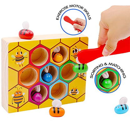 WOOD CITY Toddler Fine Motor Skills Toys, Bee to Hive Matching Game, Wooden Color Sorting Toy for Toddler 2 3 Years Old, Montessori Preschool