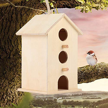 Wooden Bird House Unfinished Unpainted Hanging Cords Birdhouse for Finches and Songbirds Outdoor Decoration DIY Kids Educational 1pcs