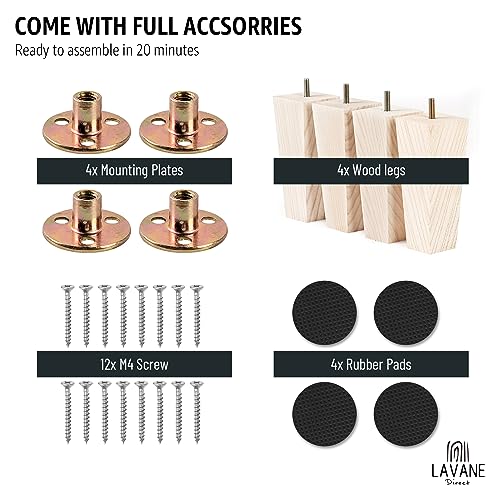 6 inch Unfinished Ash Wood Furniture Legs, LAVANE Set of 4 Mid-Century Modern Pyramid Wooden Replacement Feet with Pre-Drilled 5/16 Inch Bolt & La Vane