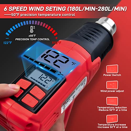 KEEPSOON Heat Gun, LCD Display Hot Air Gun with 122℉~1112℉ (50-600℃) 6 Wind Speed Control, 500w Dual Fan Settings with 6.0Ft UL Cord,Heavy Duty Heat Gun for Resin,shrink tubing,Paint Removal