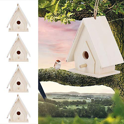 4Pcs Wood Bird House, Mini Hanging Wooden Bird Houses Nests Cage Wooden Ornament Crafts Build Paint Unfinished Birdhouse for Garden Courtyard Decor