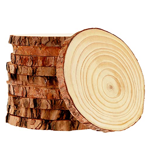 MUKCHAP 10 Pcs 6.3-7 Inch Natural Pine Wood Slices, 0.6 Inch Thick Unfinished Wood Discs for Festival Ornaments, Wedding Decoration, DIY Craft