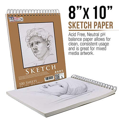 U.S. Art Supply 8" x 10" Top Spiral Bound Sketch Book Pad, Pack of 2, 100 Sheets Each, 60lb (100gsm) - Artist Sketching Drawing Pad, Acid-Free -