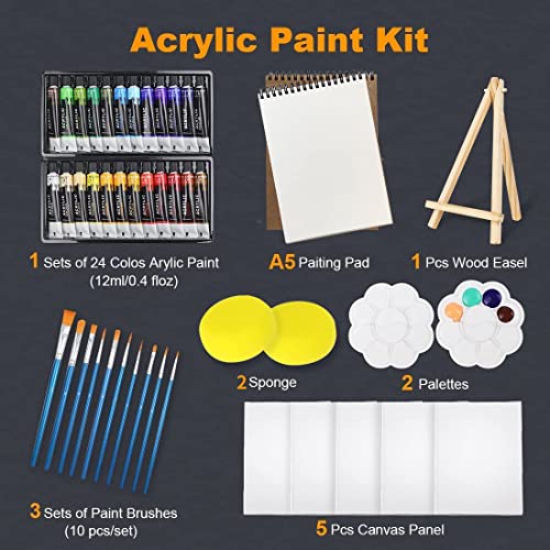 Colorful Acrylic Painting Kit - Paint Supplies Set with 24 Colors, 30 Brushes, 5 Canvases, 1 Pad, 2 Palette, 2 Sponge & 1 Wood Easel - Art Acrylic Colorful
