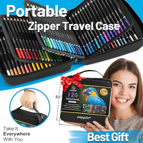POPYOLA 136 Pack Colored Pencils Set with Portable Gift Case, Art Supplies 120 Colored Pencils, 3-Color Sketch Book, Coloring Book, Sketchbook, POPYOLA