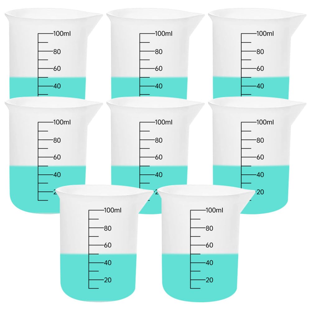 8 pcs Silicone Measuring Cups Kits, Silicone Measuring Cup, 100ml Non-Stick Mixing Cups,Precise Scale,Durable Easy Clean for Epoxy Resin, Stain Sjubaopen