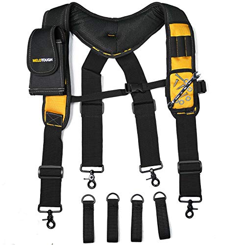 MELOTOUGH Magnetic Suspenders Tool Belt Suspenders with Large Moveable Phone Holder, Pencil Holder, Adjustable Size Padded Suspenders (Yellow) MELOTOUGH