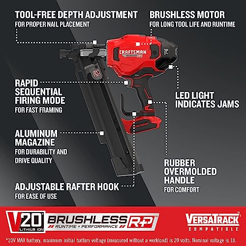 CRAFTSMAN V20 Cordless Framing Nailer, Nail Gun, 21 Degree, up to 3-1/4 inch Nails, Bare Tool Only (CMCN621PLB) - WoodArtSupply