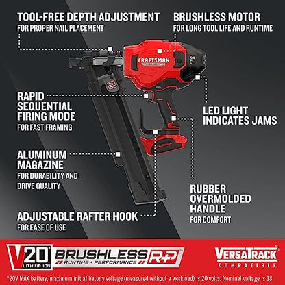 CRAFTSMAN V20 Cordless Framing Nailer, Nail Gun, 21 Degree, up to 3-1/4 inch Nails, Bare Tool Only (CMCN621PLB) - WoodArtSupply