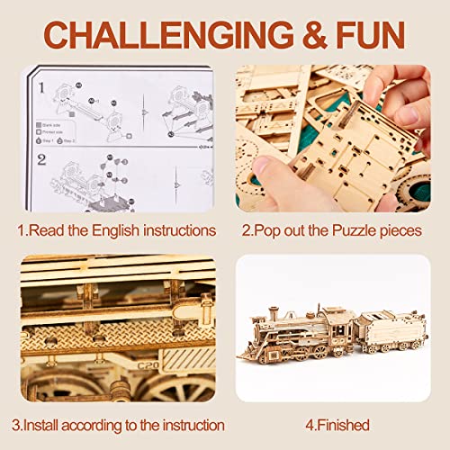 RoWood Model Cars to Build for Adults, 3D Wooden Puzzle for Teens, Scale Mechanical Model Train Building Kits - Prime Steam Express - WoodArtSupply