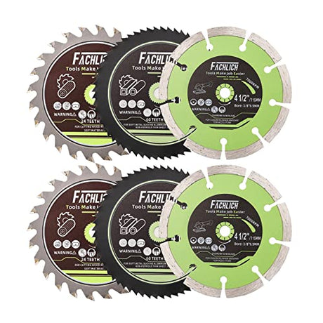 FACHLICH 4-1/2" Circular Saw Blades Set,6pcs HSS/TCT/Diamond Saw Blades for Cutting Wood Metal Plastic Tile 3/8 inch Arbor FACHLICH