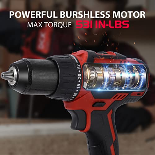 DCK Brushless Cordless Drill Set, 20V Max Electric Drill with 4.0Ah Battery 531in.lbs, 1/2Inch Keyless All-Metal Chuck, 2 Variable Speeds, Power DCK