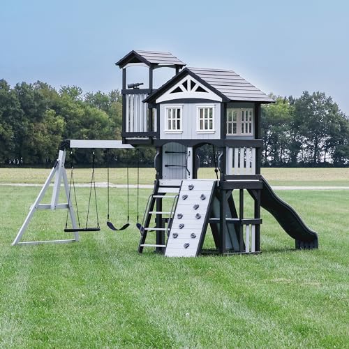 Backyard Discovery Whispering Point All Cedar Wooden Swing Set, Raised Club House, Grey Wave Slide, Web Swing, Climbing Wall, 2 Belt Swings, Crow's Backyard Discovery