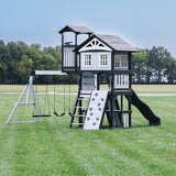 Backyard Discovery Whispering Point All Cedar Wooden Swing Set, Raised Club House, Grey Wave Slide, Web Swing, Climbing Wall, 2 Belt Swings, Crow's Backyard Discovery