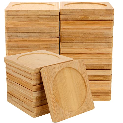 SHEUTSAN 60 PCS 3.7 Inches Natural Bamboo Coasters, Square Bamboo Wood Coasters, Square Bamboo Tray Saucer for Drinks, Crafts, Succulents SHEUTSAN