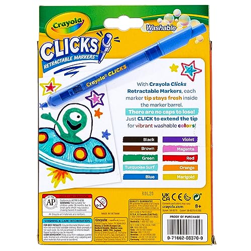 Crayola Clicks Washable Markers with Retractable Tips, School Supplies, Art Markers, 10 Count. Crayola