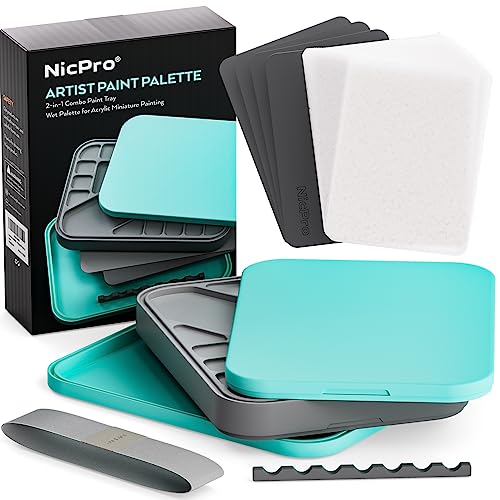 Nicpro Stay Wet Palette for Acrylic Miniature Painting Kit, Paint Tray Palettes with 100PCS Pallet Paper, 4PCS Sponge, Brush Holder Paint Mixing Nicpro
