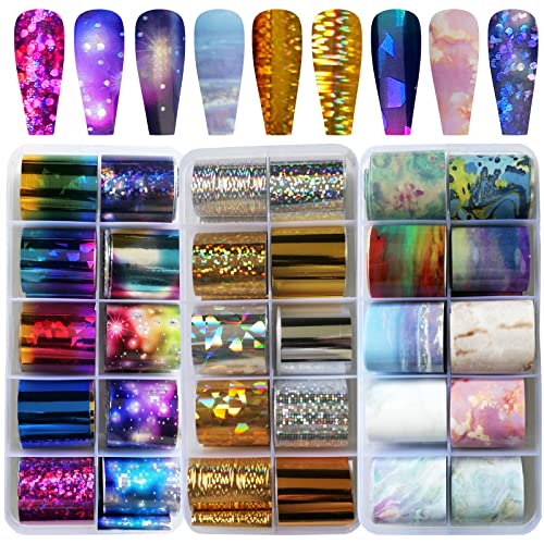 LoveOurHome 30 Sheet Holographic Nail Transfer Foils Marble Starry Sky Gold Silver Nails Art Foil Stickers Decals Manicure Fingernail Tattoo - WoodArtSupply