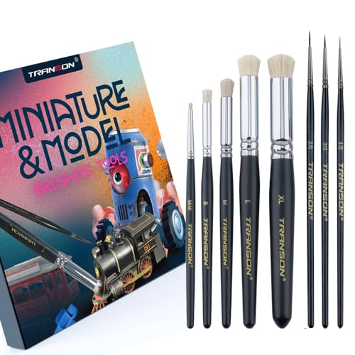 Transon 8pcs Miniature Painting Dry Brush Set with 5 Drybrushes and 3 Small Detail Brushes for Model Making and Miniature Model Painting - WoodArtSupply