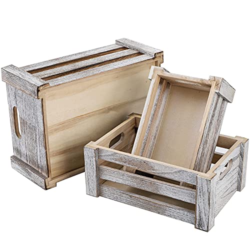 ZOOFOX Set of 3 Wooden Storage Crates, Nesting Storage Container with Handles, Decorative Farmhouse Wood Basket for Home, Rustic Bathroom Decor