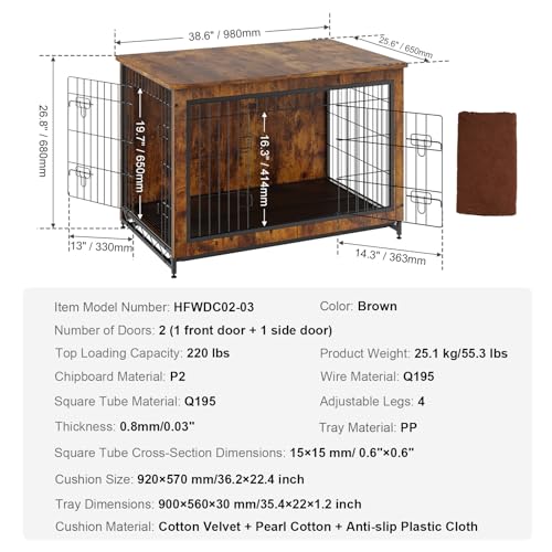 VEVOR Dog Crate Furniture, 38 inch Wooden Dog Crate with Double Doors, Heavy-Duty Dog Cage End Table with Multi-Purpose Removable Tray, Modern Dog VEVOR
