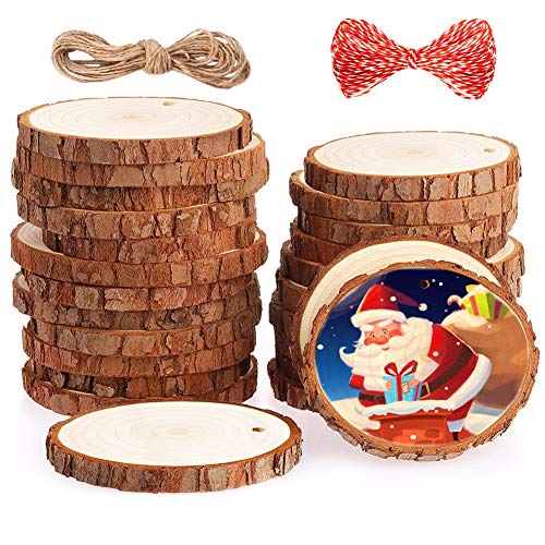 Natural Wood Slices for Christmas Ornaments, 25Pcs DIY Unfinished Wooden Craft Kit Predrilled with Hole Wooden Circles Tree Slices for Christmas Tree