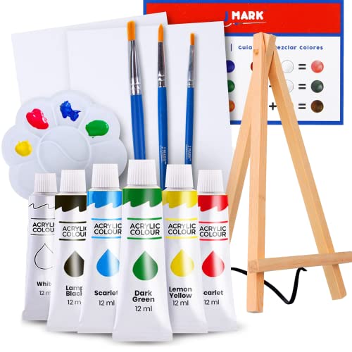 J MARK Paint Set – Mini Canvas Acrylic Painting Kit with Wood Easel, Canvases, Paint, Brushes & More